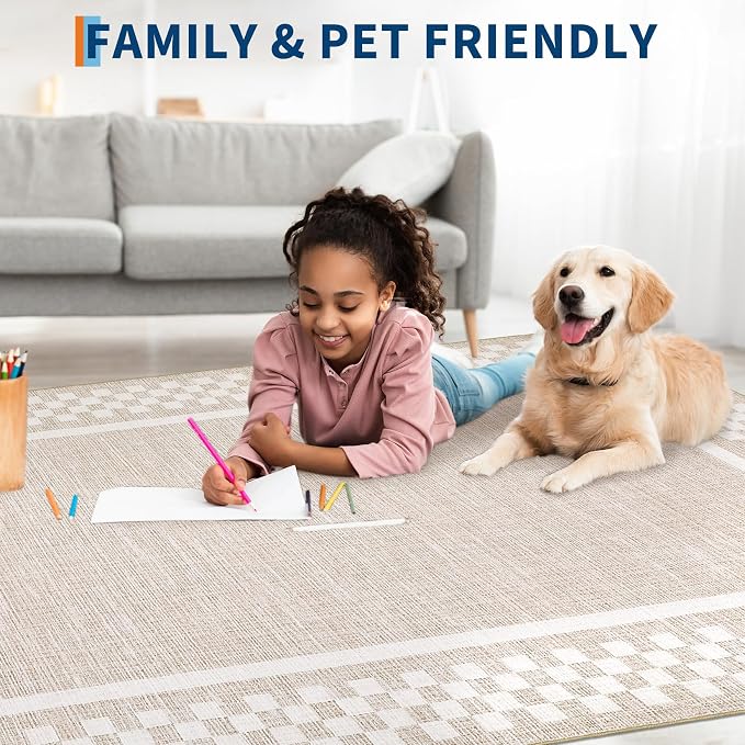GarveeHome Washable Area Rug 6x9 Large Living Room Modern Border Throw Rug | with Rubber Backing Stain Resistant Dining Room Throw Carpet Washable Scalloped Rug for Bedroom Home Decor Office, Beige