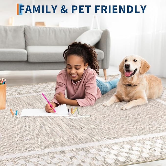 GarveeHome Washable Area Rug 9x12 Modern Bordered Living Room Rug | Soft Large Area Rugs for Bedroom Checkered Dining Room Non Slip Stain Resistant Geometric Throw Carpet for Home Office, Beige