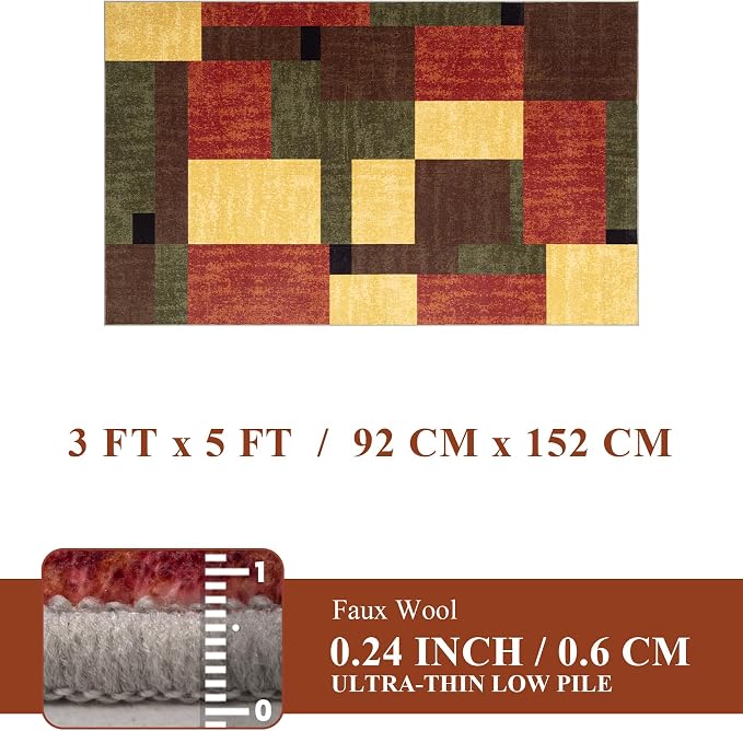 Red and Green Rug 3x5, Burgundy Farmhouse Vintage Rugs Washable for Living Room,Burnt Orange Area Rug Non Slip,Geometric Boho Area Rug for Kitchen,Dining Room,Bedroom