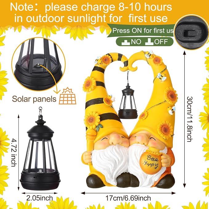 Kathfly Solar Bee Gnome Statue Gifts 11.8 Inches Garden Resin Sunflower Bee Gnome Statue with Solar Lights Double Cute Gnomes Statues for Birthday Gift Yard Patio Lawn Porch Decor