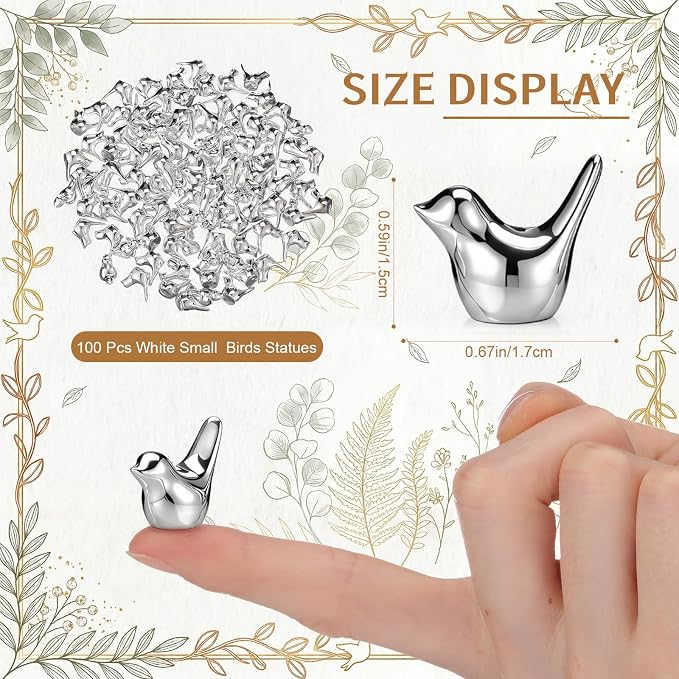 Sieral 100 Pcs Silver Mini Bird Figurines Miniature Resin Bird Statues Small Animal Statues Fairy Garden Accessories for Micro Garden Landscape Dollhouse Cake Potted Plants DIY Craft, 0.59" x 0.67"
