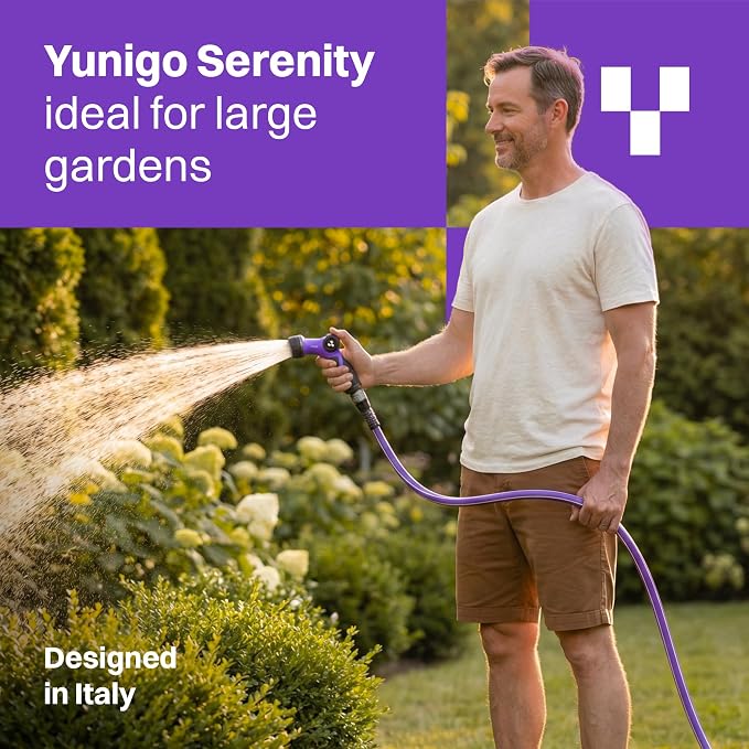 SERENITY 50ft Flat-to-Round Purple Garden Hose – Lightweight, No-Kink, Abrasion-Resistant TPV Hose with Durable Aluminum Couplings, Spray Nozzle & Hose Mender, Ideal for Home & Garden Watering