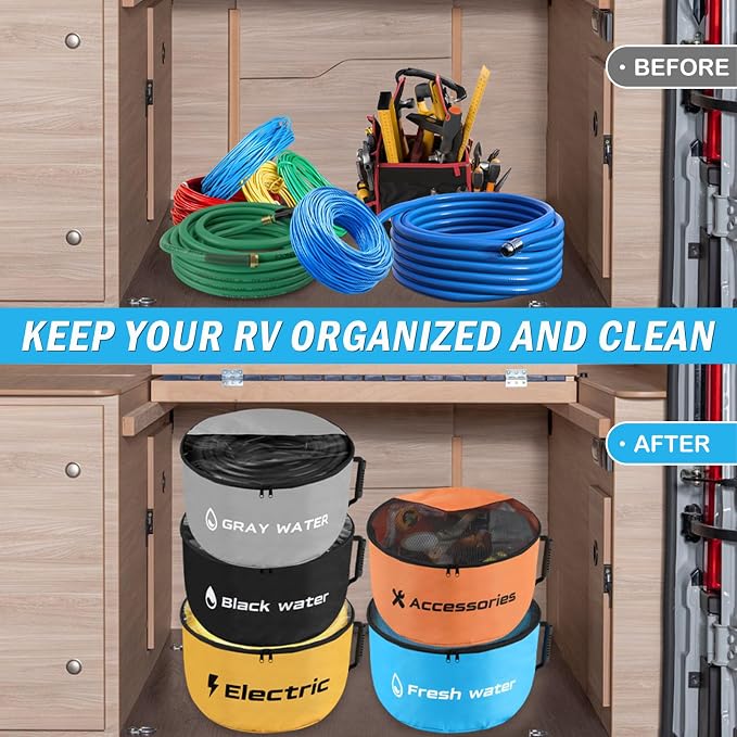 5 Pack RV Sewer Hose Storage, Visible Cover And Two-Way Zipper RV Hose Storage Bags, Waterproof RV Accessories Bags Utility Bag Organizer for Garden Fresh Water Hoses Cords Camper Tools