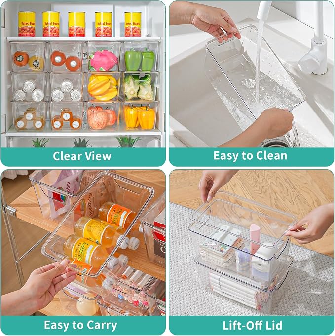6 Pack Medium Clear Storage Bins with Lids, Acrylic Arts and Craft Storage Containers, Stackable Clear Plastic Craft Storage Bins with Handles for Pantry Organizers and Storage, Kitchen, Fridge,Office