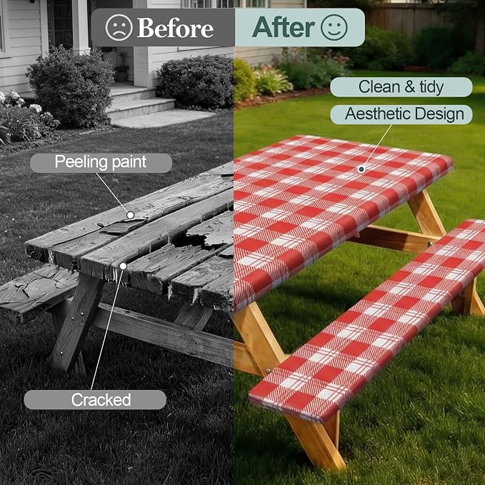 Play Tailor Picnic Table Cover with Bench Covers Camping Essentials Waterproof Windproof Camping Tablecloth with Drawstring Bag, Fitted Rectangle Tables and Seats, 72in, Red Checkered
