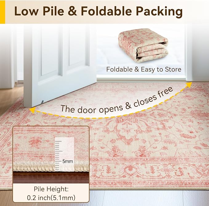 RELEANY Washable Area Rug, Round 8ft, Pink/Light Vintage Pink | Non-Slip, Water Repellent, Pet Friendly, Easy to Clean, Vintage Floral Boho Decor for Living Room Bedroom Dining Room
