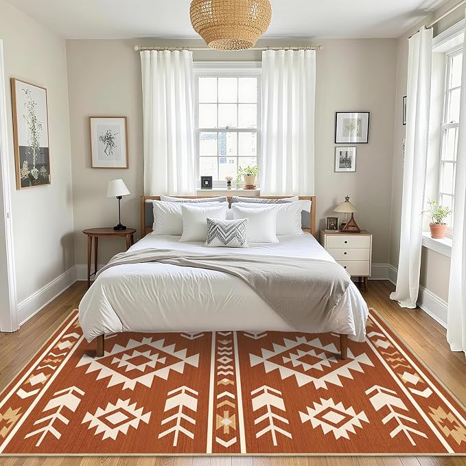 Area Rug 6x9 Western Rug Living Room Southwestern Aztec Tribal Rugs Southwest Navajo Machine Washable Non-Slip Printed Low-Pile Floor Carpet for Bedroom Dining Room Office, Yellow Brown