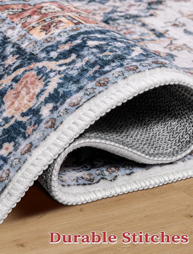 SERISSA 2'6"x8' Washable Non Slip Boho Runner Rug for Hallway，Blue Orange | Ultra Soft Vintage Oriental Carpet Low-Pile Distressed Tribal Floor Carpet for Kitchen Bedroom Bathroom Laundry Room