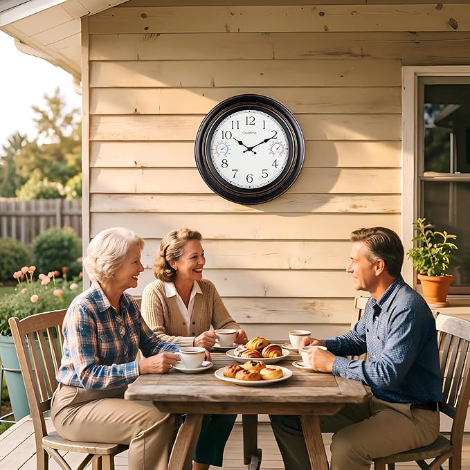 Crosstime 18 Inch Large Outdoor Clock Waterproof with Thermometer & Hygrometer - Silent Retro Wall Clock Decor for Patio, Pool, Garden, Backyard - Bronze