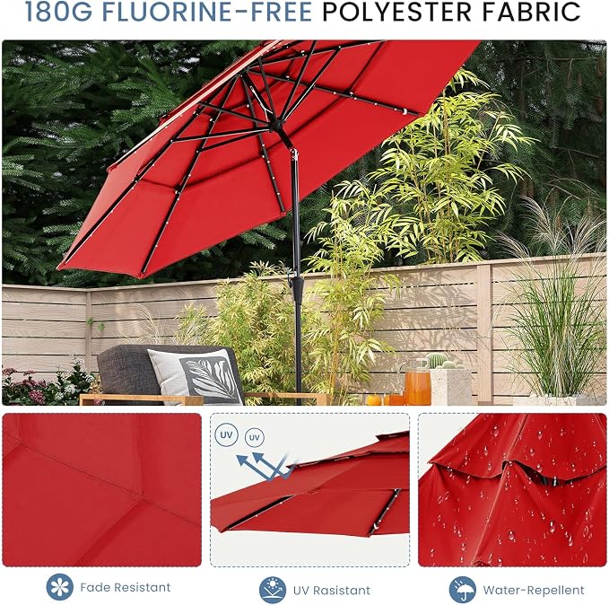 DUMOS Outdoor Solar Patio Umbrella 3 Tiers with 32 LED Lights, Beach Market Table Umbrella with Crank and 8 Sturdy Ribs for Pool, Terrace, Restaurant