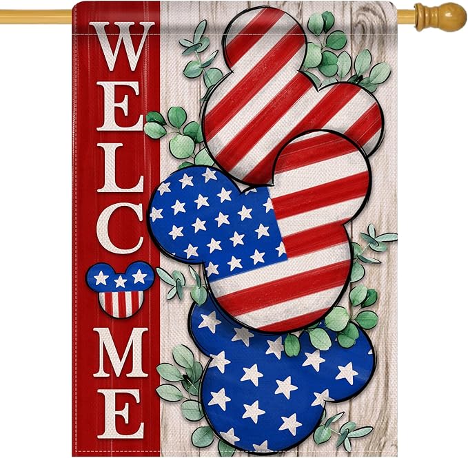 Welcome 4th of July Stars Stripes Patriotic Decorative House Flag, American USA Memorial Day Garden Yard Outside Decorations, Eucalyptus Summer Outdoor Large Home Decor Double Sided 28x40