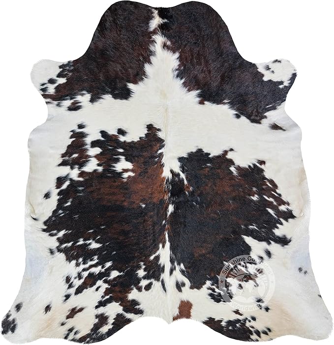 Sunshine Cowhides 100% Genuine Tricolor Cow Skin Leather Cowhide Rug - Modern Style Animal Skin Rug & Floor Carpet for Living Room, Bedroom, Kitchen & More - Extra Large (6x7-8 Ft.)