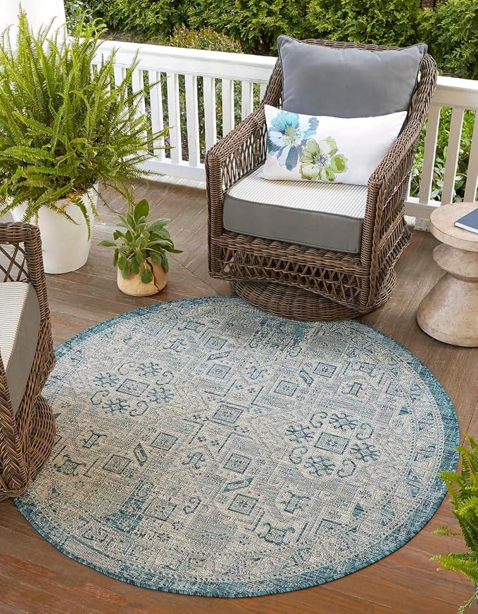 Unique Loom Outdoor Aztec Collection Area Rug - Coba (3' 3" Round, Teal/ Ivory)