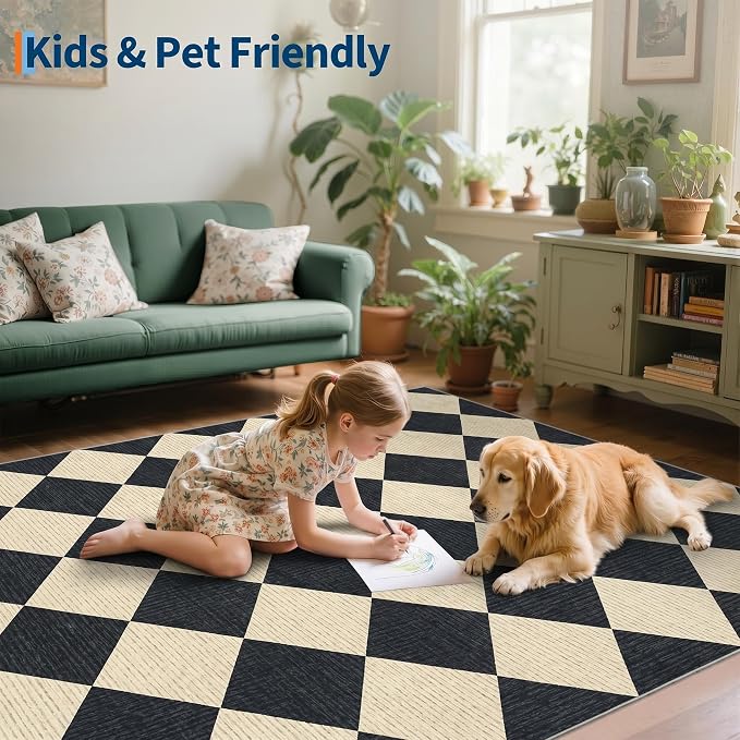 GarveeHome 5x7 Checkered Area Rug Black and Brown Washable Living Room Rug | Modern Geometric Farmhouse Carpet Soft Low Pile Non Slip Diamond Floor Mat Plaid Print Throw Rug for Dining Room Playroom