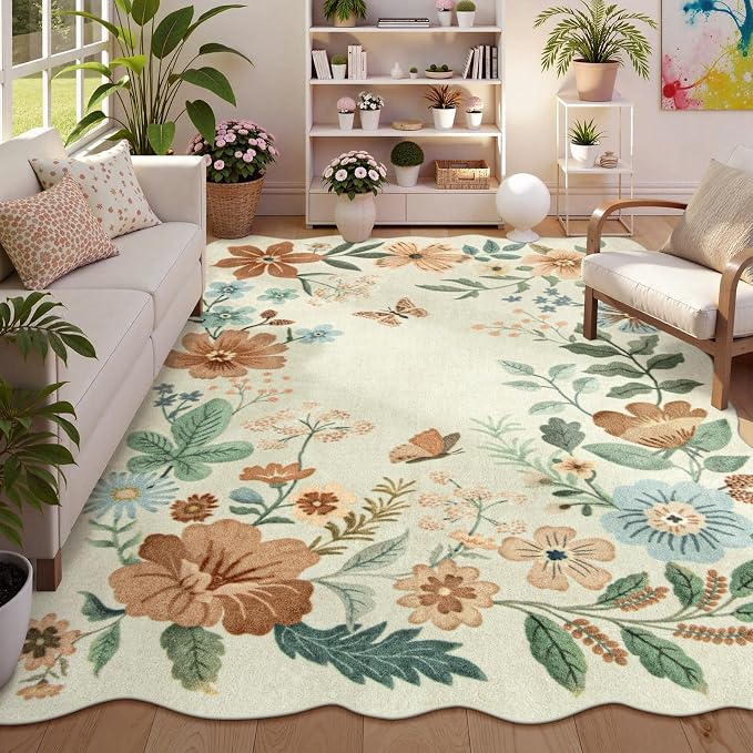 Lahome Floral Washable Rugs 8x10, Soft 8x10 Rugs for Living Room Bedroom | Non-Slip Ultra-Thin Stain Resistant Boho Accent Carpet for Dining Room Office Flore, Beige