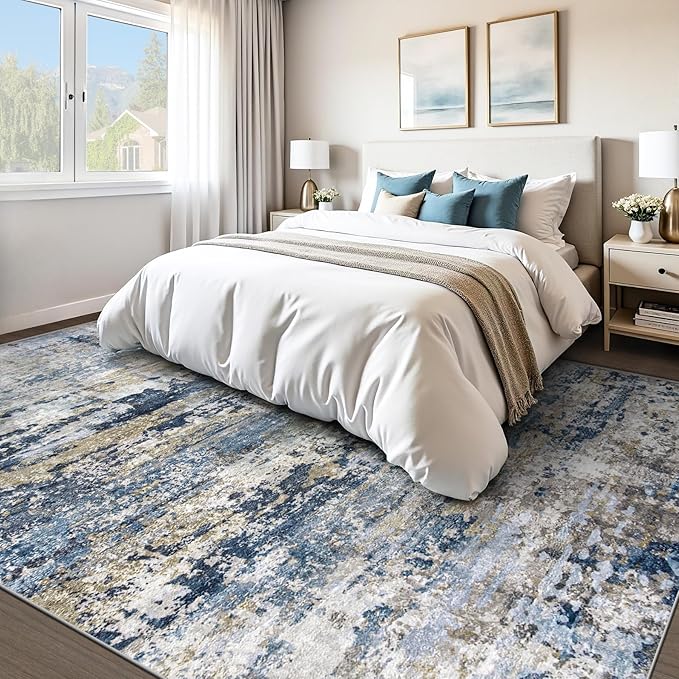 pmtsns Area Rugs 8x10 for Living Room: Washable Rug Modern Abstract Neutral Soft Non-Slip Low-Pile Indoor Large Carpet for Bedroom Dining Room Playroom Home Office (Blue Grey Brown, 8'x10')