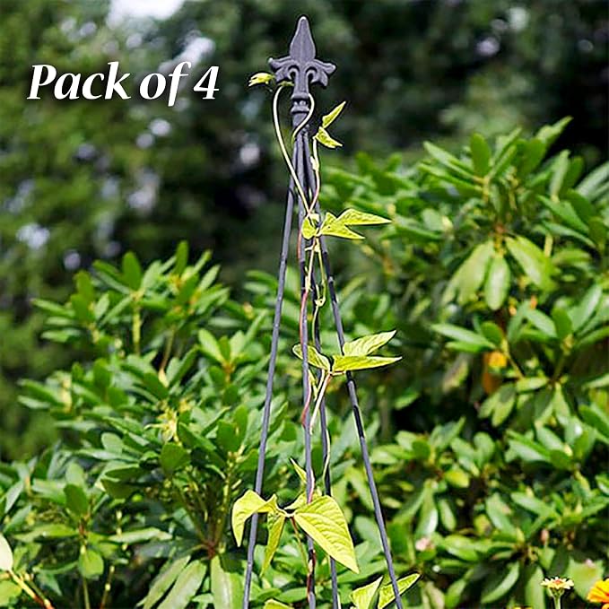 Achla Fleur De Lis Topiary Frame Set of 4, 78 Inch Wrought Iron Plant Supports, Outdoor Garden Trellis Supports for Climbing Plants, Decorative Black Garden Plant Support Stakes