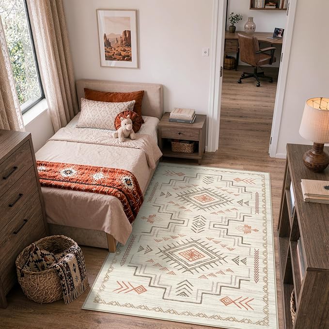 STARUIA Moroccan Washable Area Rug 5x7, Beige Western and Aztec Tribal Boys Neutral Rug for Living Room, Soft Non-Slip Stain Resistant Large Carpet for Bedroom Dining Room