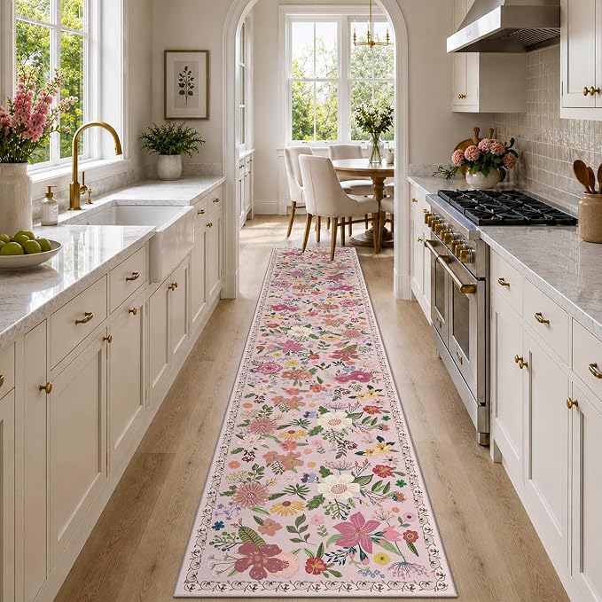 Latte&Fog Hallway Runner Rug 2x10 Non Slip Washable Pink Rugs for Kitchen | Low Pile Soft Cute Throw Rug Doormat for Entrance Bathroom Laundry Bedside Bedroom Nursery Playroom Hallyway Dorm Office