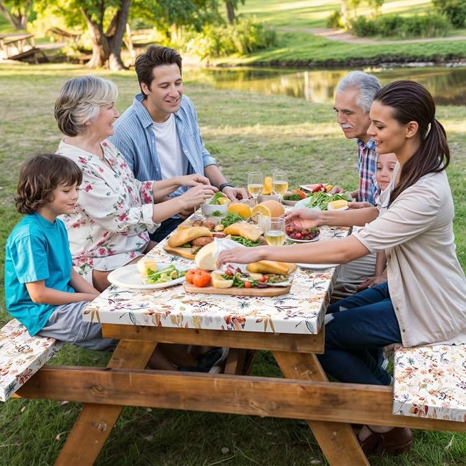 Picnic Table Cover with Bench Covers Elastic Colorful Floral Patterns Waterproof Tablecloth with Drawstring Bag Camping Gear and Essentials Rv Accessories Road Trip Supplies Car Travel Must Haves