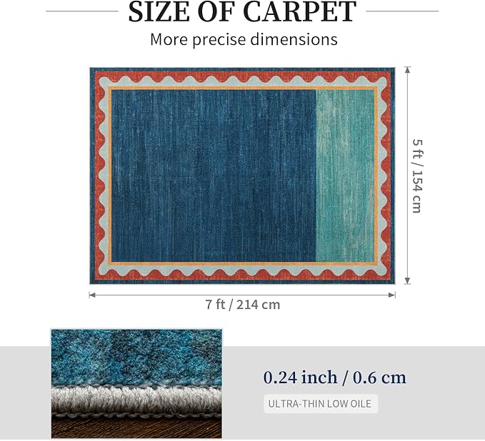 Mid-Century Washed Style Area Rug 5x7 Washable Carpet for Living Room, Non-Slip Low Pile Soft Rug for Bedroom, Kitchen, Entryway, Retro Teal