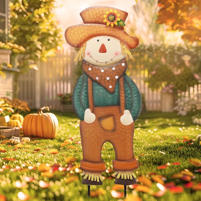 TERESA'S COLLECTIONS Fall Decor for Outdoor Home, Scarecrow for Garden Metal Stakes for Fall Decorations, Autumn Decor for Thanksgiving Decorations, Orange Harvest Yard Signs for Home Lawn Patio, 24"