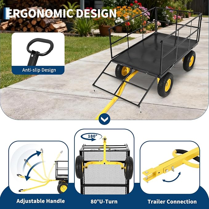 Heavy Duty 1500 Lbs Capacity Mesh Steel Garden Cart Folding Utility Wagon with Removable Sides, Garden Cart on Wheels for Gardening Soil, Tools, and Plant Transport