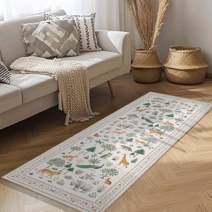 Jungle Animal Runner Rug 2x6 for Hallway Kitchen Bedroom Neutral Beige Wild Animal Forest Runner Rugs Machine Washable Non-Slip Print Low Pile Long Floor Carpet for Nursery Entryway Playroom Bathroom