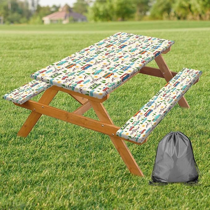 Picnic Table Cover with Bench Covers Reusable Table Cover for Camping with Elastic Outdoor Windproof Waterproof Fabric Rectangle Fitted Tablecloth and Seat Covers with Drawstring Bag, 72In 3PCS