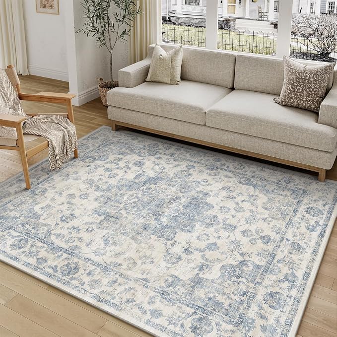 4x6 Blue Neutral Area Rug | Washable, Non Slip, Soft Low Pile, Vintage Farmhouse, for Entryway Kitchen Bathroom Living Room Bedroom Indoor Home Decor