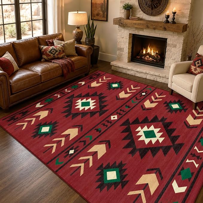 Area Rug 6x9 Western Rug Living Room Southwestern Aztec Tribal Rugs Southwest Navajo Machine Washable Non-Slip Printed Low-Pile Floor Carpet for Bedroom Dining Room Office, Red