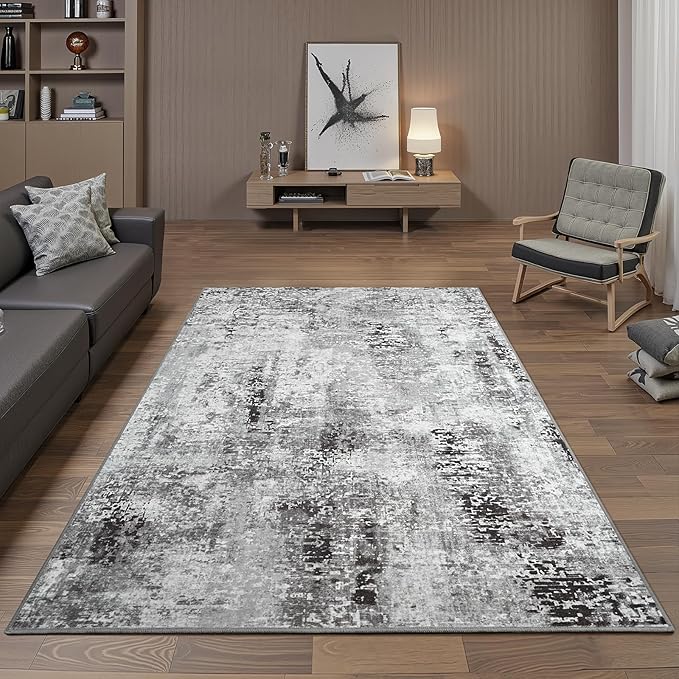 3x5 Dark Grey Washable Area Rug for Living Room Bedroom, Modern Abstract Non-Slip Rugs, Low Pile Soft Stain Resistant Carpet for Dining Room, Kitchen, Office, Dorm, Bedside Decor