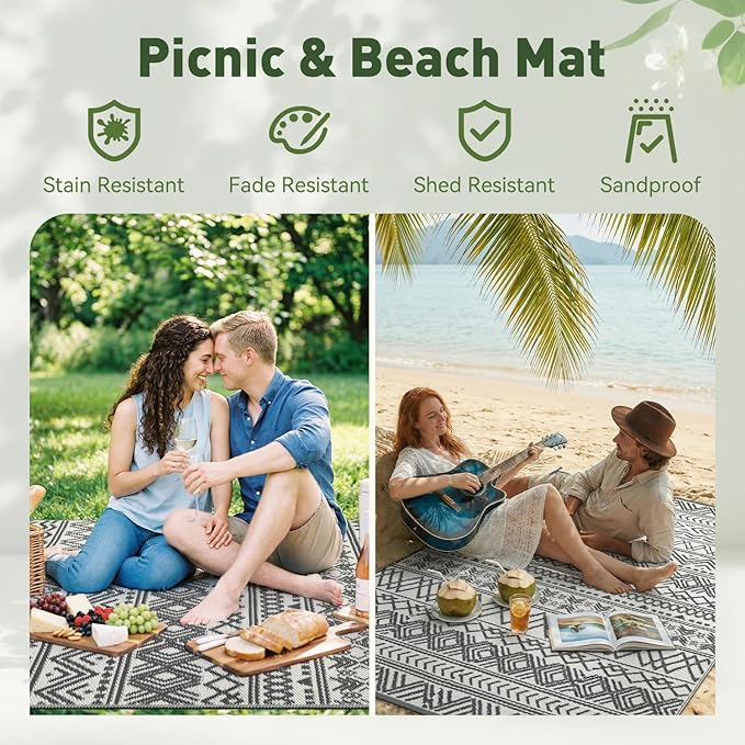 MontVoo Outdoor Rug Carpet Waterproof 9x18 Outdoor Patio Rug Mat Reverisble Plastic Straw Outdoor Rug for RV Camping Picnic Beach Balcony Boho Grey Large