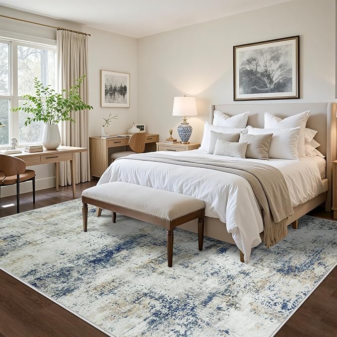 Tosuoka 8x10 Area Rugs for Living Room Abstract Washable Blue Brown Rug | With Anti-Slip Backing，Non-Shedding，Stain-Resistant，Soft Modern Large Carpet for Bedroom Dining Room Farmhouse Nursery
