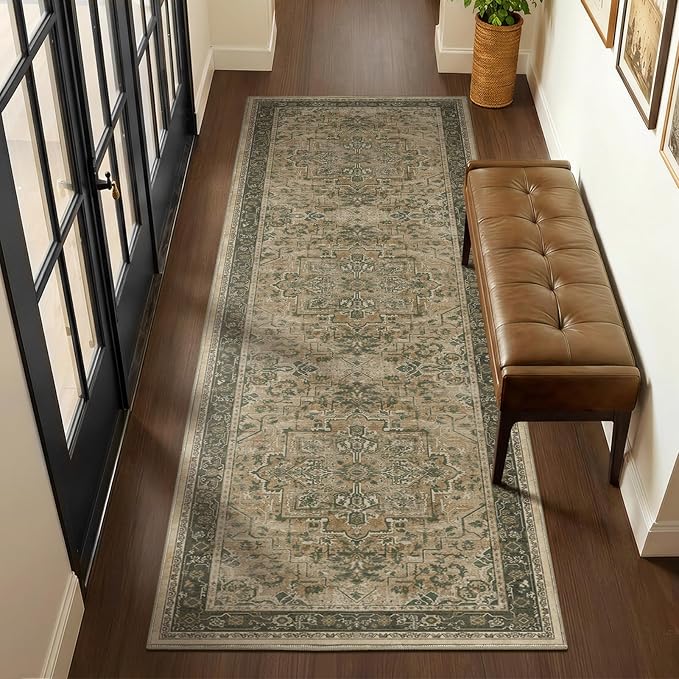 Medallion 3x7 Hallway Runner Rug, Washable Non Slip Runners for Kitchen Floor, Low Pile Thin Distressed Vintage Runner Carpet for Entryway/Mudroom/Foyer/Bathroom/Bedroom, Multi Brown/Olive