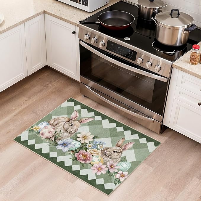 cotiled Area Rug for Living Room, Washable Non-Slip Large Area Rug, Indoor Floor Carpet Low Pile Soft Boho Farmhouse Rug for Bedroom Dining Room Green 2x3