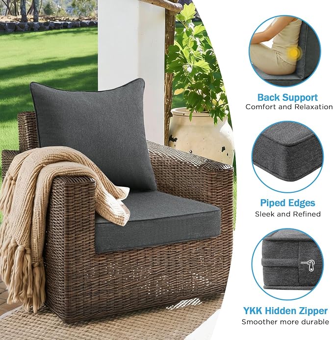Outdoor Deep Seat & Back Cushion Set (2-Pack), 24 x 24 Inch Water Repellent and Fade Resistant Patio Furniture with Removable Cover for Outside Sofa Couch, Charcoal