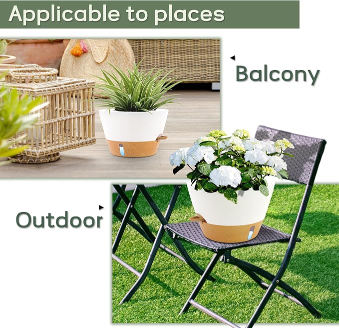 12 Inch Self Watering Pot with Visual Water Window, Drainage Holes & Watering Lip, Set of 2 Large Plastic Planters for Indoor Outdoor Plants, Modern Decorative Flower Pot (White)