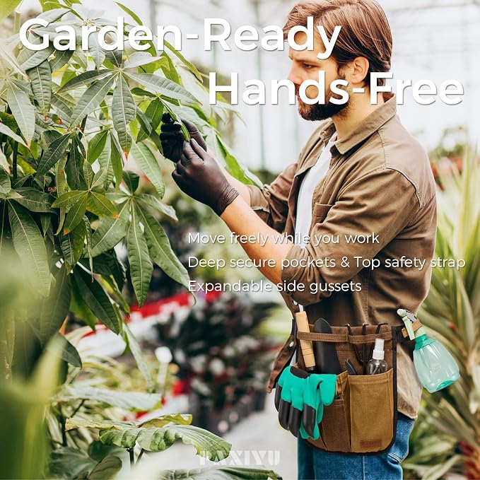 Garden Tool Belt for Women & Men, Slim Denim Garden Apron with 4 Pockets, Lightweight Adjustable Tool Pouch for Gardening, Florist, DIY & Craft, Khaki