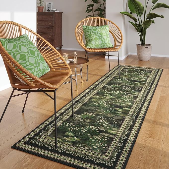 Rugcomf 2x6 Runner Rug Impressionist-Style Vintage Kitchen Rugs Non Slip Washable Soft Carpet Runner for Kitchen Laundry Bedroom Bathroom, Green