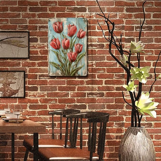 Metal Sign Tin Sign Vintage Wall Art Vintage Shabby Chic Tulip Tin Sign for Rustic Wall Art Elegant Blooms and Weathered Texture Displ Garden Metal Sign for Restaurant 6×8 Inches