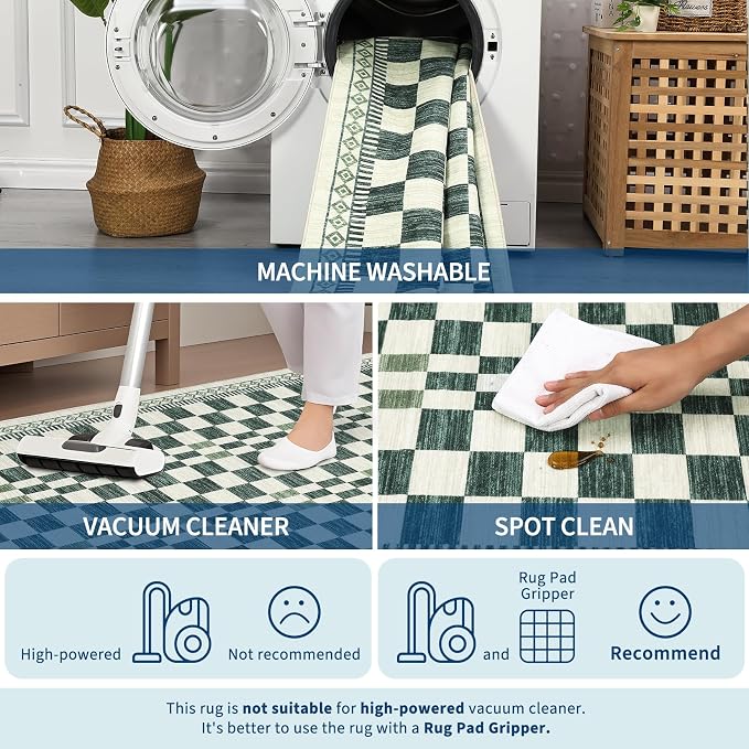 GarveeHome 2x6 Runner Rug for Bathroom Modern Abstract Checkered Carpet | Contemporary Non-Slip Low Pile Throw Rugs Easy-Clean Sage Green Long Runners Premium Soft Area Rug for Kitchen Hallway