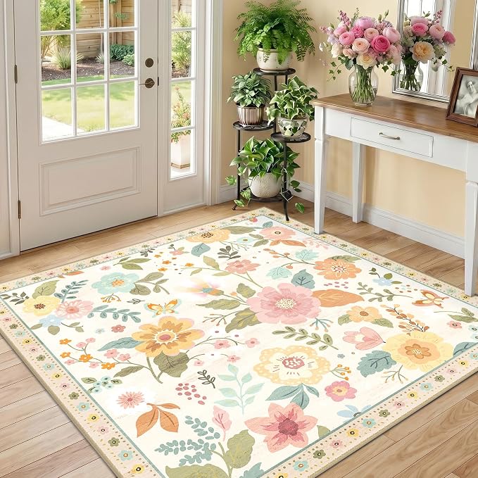 RELEANY Floral Washable Square 5ft Area Rug Beige/White/Orange | Flower Carpet, Print, Boho, Non-Slip, Easy to Clean, Soft, Low Pile for Living Room Bedroom Kitchen Office Entryway Hallway