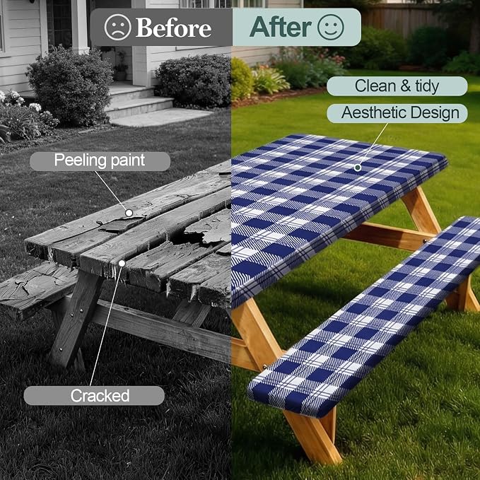 Play Tailor Picnic Table Cover with Bench Covers Camping Essentials Waterproof Windproof Camping Tablecloth with Drawstring Bag, Fitted Rectangle Tables and Seats, 60in, Blue Checkered