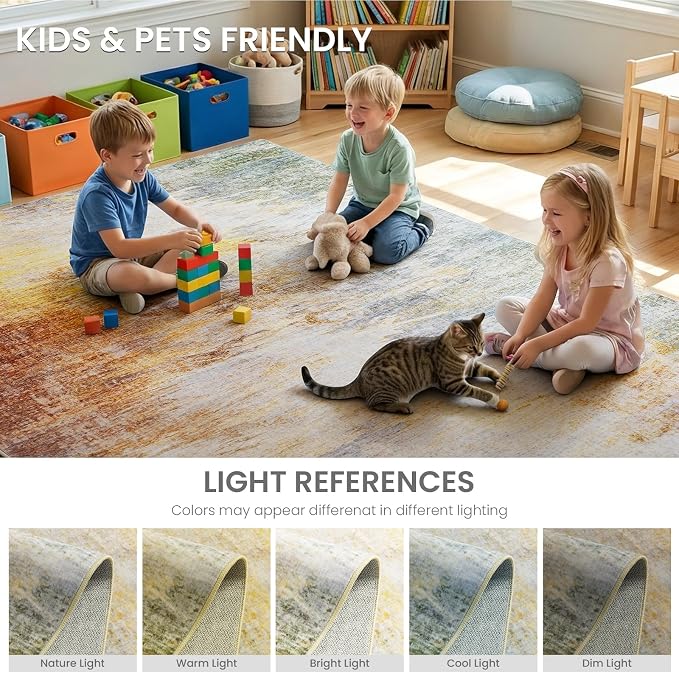 5x7 Abstract Art Sunset Gradient Area Rug Machine Washable Anti-Skid | Pet-Friendly Thin Carpet, Non-Shedding Low Profile Rugs for Living Room, Bedroom, Nursery, Apartment Indoor Use, Colorful