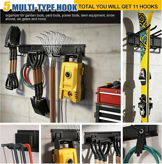 Garage Tool Organizer Wall Mount 49.5" - 520lbs Heavy Duty Metal | Garage Wall Organizer with 11 Adjustable Hooks, Space-saving Hanging Rack for Garden Yard Tools, Shovel, Ladder, Weed Eater