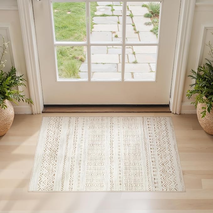 cotiled Washable 2x3 Entryway Rugs: Boho Moroccan Soft Small Rug | Solve Modern Neutral Trendy Home Decor - Stain Resistant for Bathroom Entryway Kitchen Laundry Brown Cream