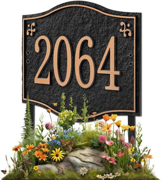 Personalized Address Plaque Sign - LAWN MOUNTED, House Address Signs for Outside Use for House,Apartment,Office,Yard (Black/Rose Gold)