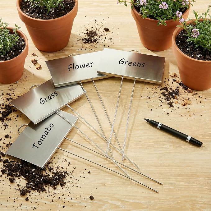Landhoow 50 Pcs Large Garden Plant Markers Metal Plant Labels Sign 5'' x 3'' with 11'' Stake Weatherproof Waterproof Garden Sign for Outdoor Seedlings Herbs Vegetable Greenhouse, Silver