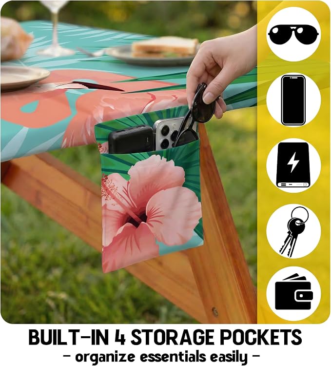 Picnic Table Cover with Bench Covers Waterproof Elastic Rectangle Reusable Folding Tablecloth Mantelería Manteles Camping Essentials Rv Car Travel Supplies Table Cloth Outdoor Road Trip Camper Gifts